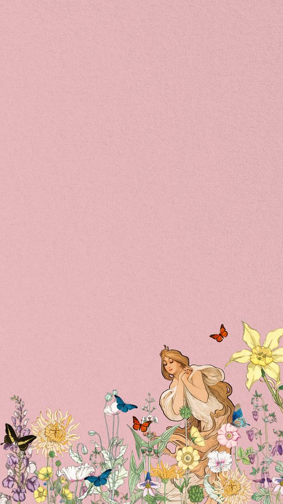 Pink flower border iPhone wallpaper, art nouveau lady, remixed from the artwork of Alphonse Mucha, editable design