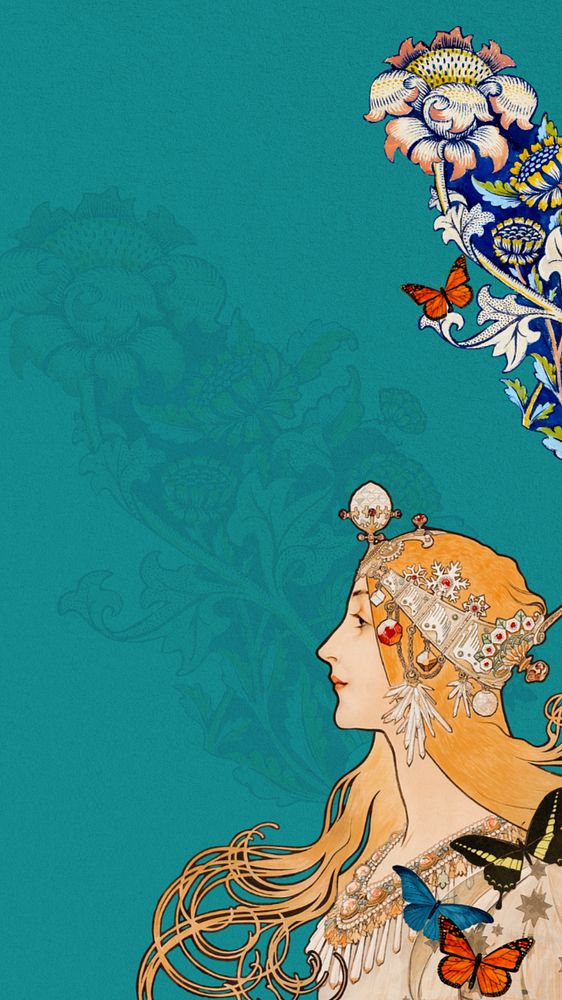 Alphonse Mucha's Zodiac iPhone wallpaper, vintage woman background, remixed by rawpixel, editable design