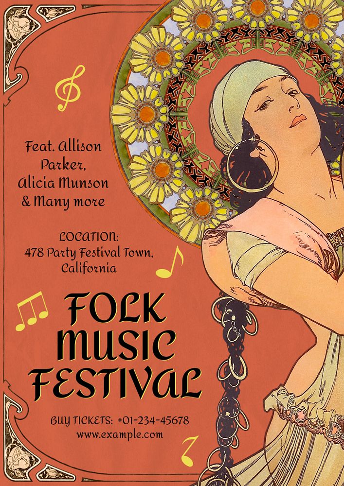 Alphonse Mucha's aesthetic poster template, editable music festival design, remixed by rawpixel