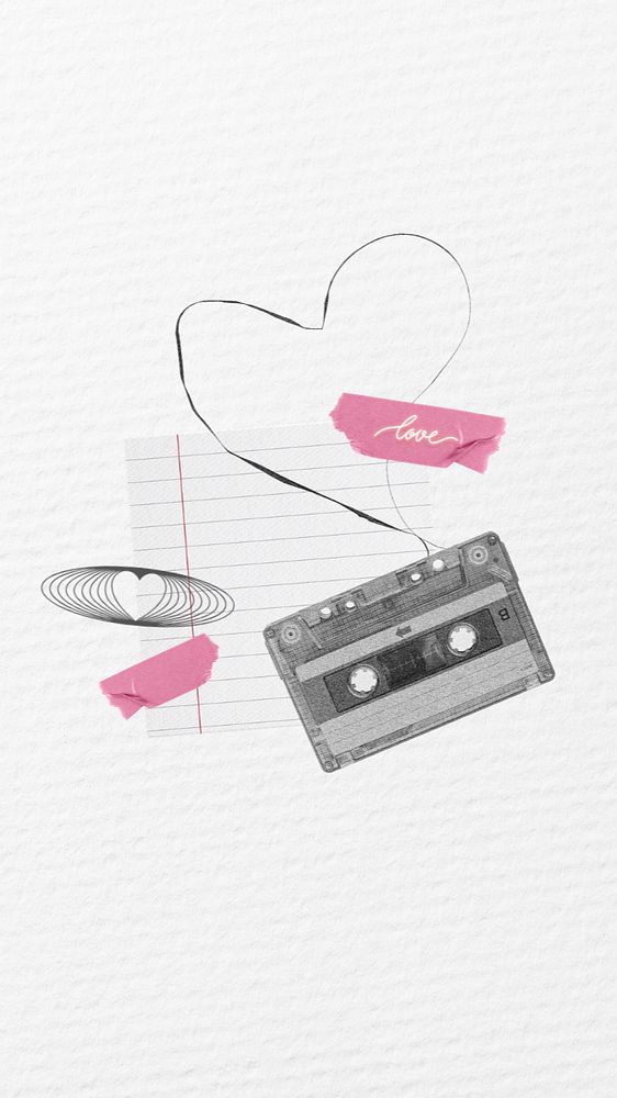 Love cassette tape iPhone wallpaper, aesthetic Valentine's background, editable design