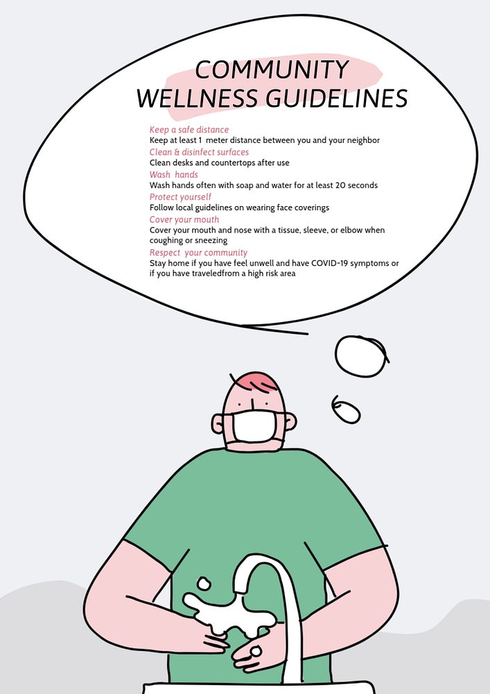 Community wellness guidelines poster template, editable Covid-19 doodle design