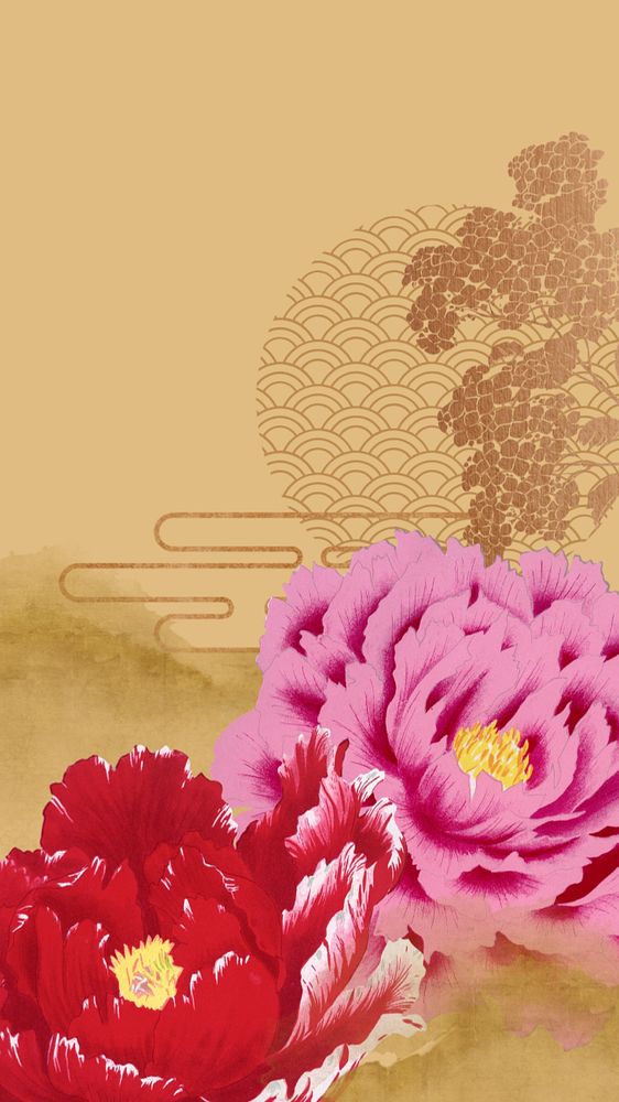 Traditional Chinese flowers mobile wallpaper, brown oriental background, editable design