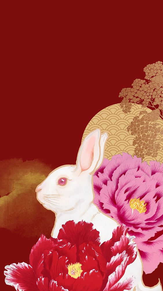 Rabbit Chinese zodiac phone wallpaper, red floral background, editable design