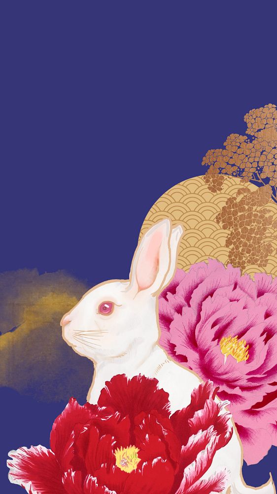 Rabbit Chinese zodiac phone wallpaper, blue floral background, editable design