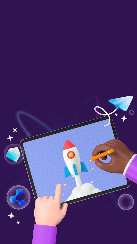 Business launch iPhone wallpaper, 3D hand drawing rocket illustration, editable design