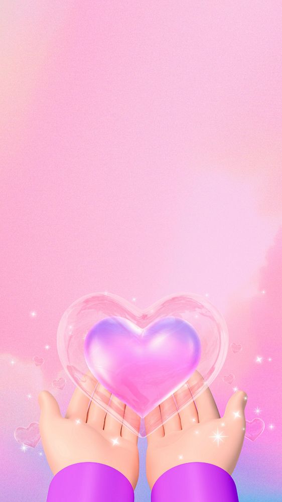 Hand presenting heart mobile wallpaper, pink 3D aesthetic, editable design