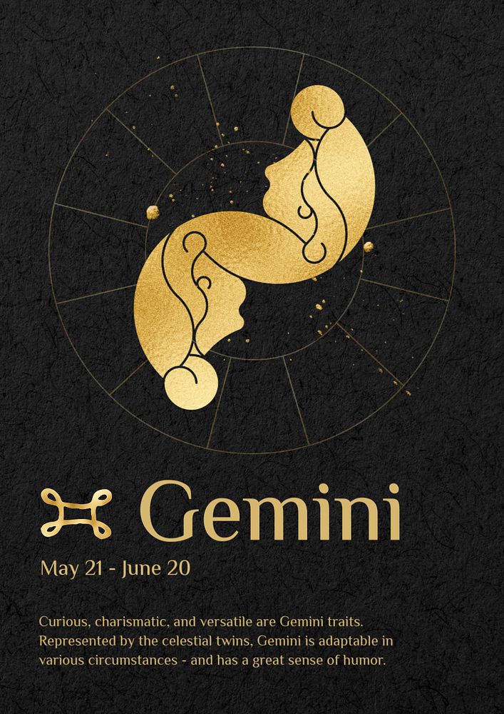 Gemini horoscope sign poster template, editable gold Art Nouveau design, remixed by rawpixel