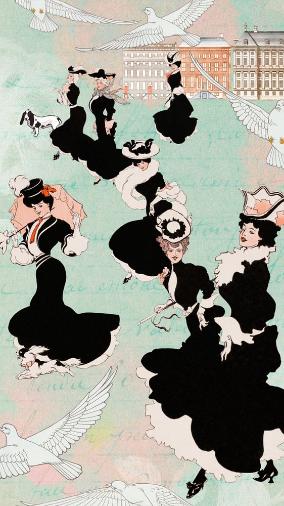 Victorian women strolling phone wallpaper, editable vintage illustration, remixed by rawpixel