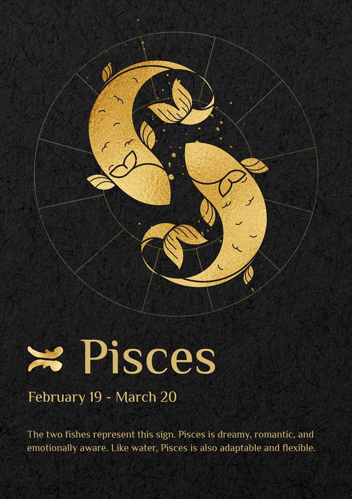 Pisces horoscope sign poster template, editable gold Art Nouveau design, remixed by rawpixel