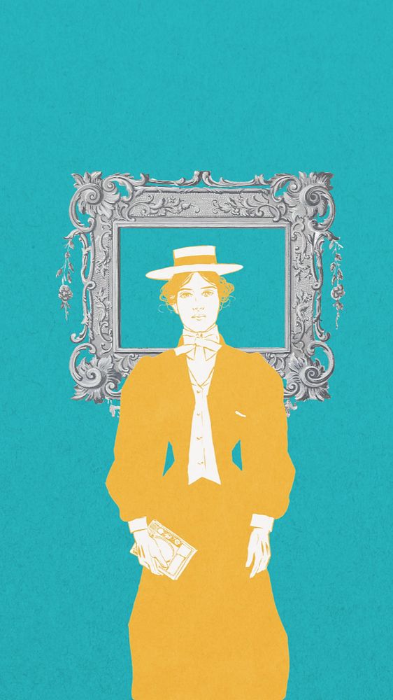 Victorian woman scholar mobile wallpaper, blue vintage background, remixed from the artwork of JJ. Gould, Jr., editable…