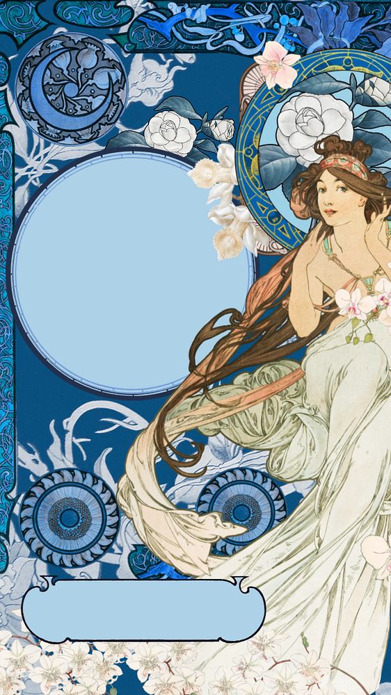 Blue celestial goddess phone wallpaper, editable Alphonse Mucha's famous artwork, remixed by rawpixel