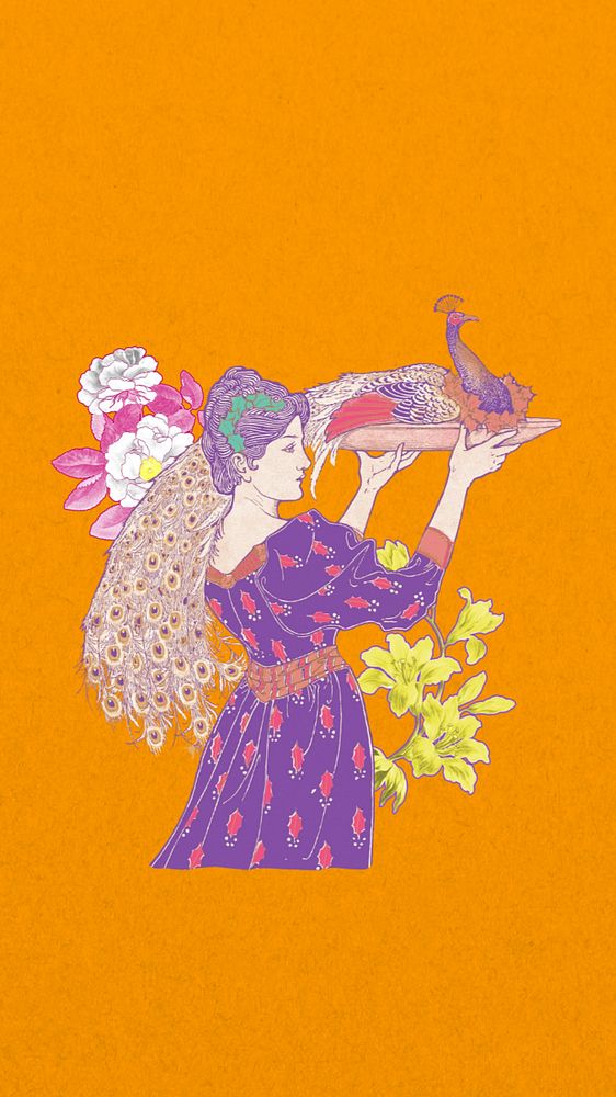 Woman carrying peacock phone wallpaper, vintage orange background, remixed from the artwork of Louis Rhead, editable design