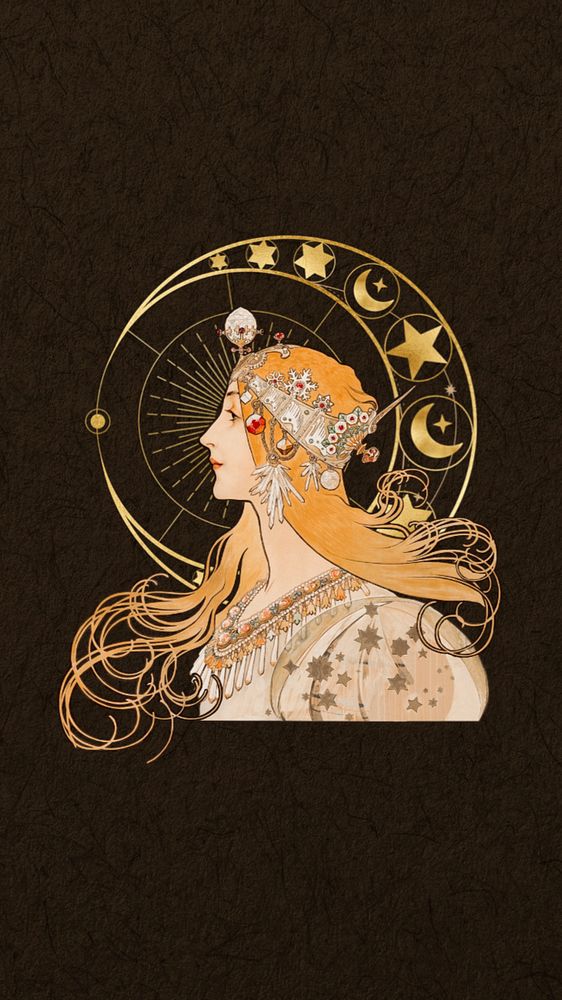 Alphonse Mucha's Zodiac iPhone wallpaper, vintage woman background, remixed by rawpixel, editable design