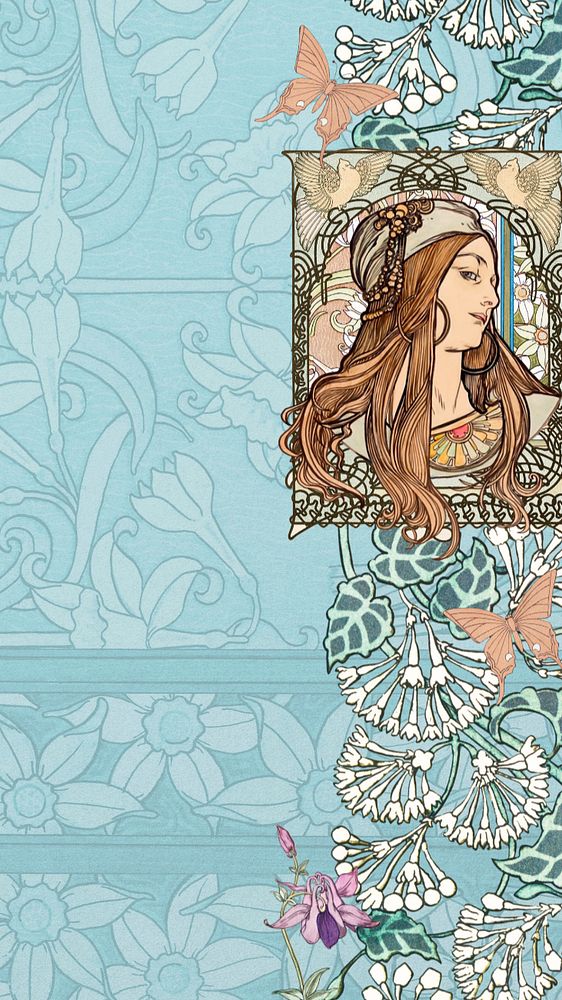 Art nouveau lady mobile wallpaper, editable Alphonse Mucha's vintage artwork, remixed by rawpixel