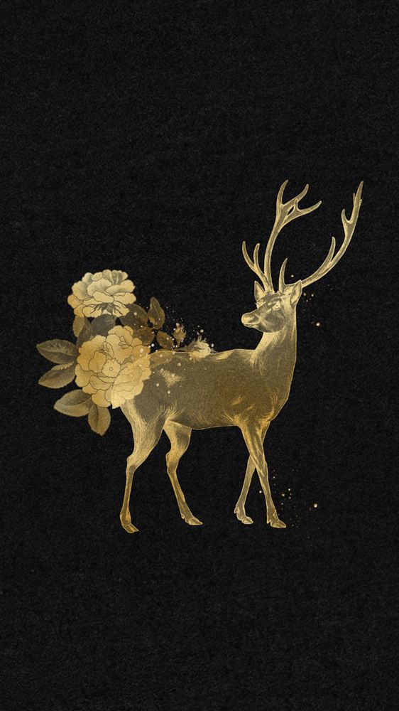 Editable gold deer iPhone wallpaper, aesthetic black design, remixed by rawpixel