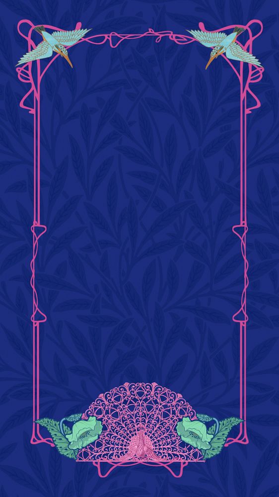 Blue leaf patterned iPhone wallpaper, editable pink ornamental frame, remixed from the artwork of William Morris