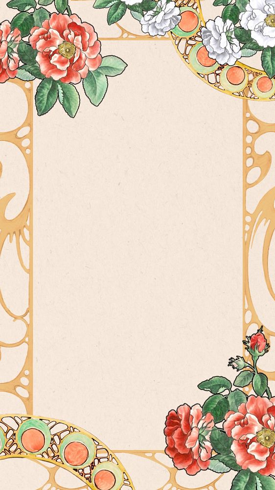 Aesthetic floral frame iPhone wallpaper, editable rose drawing illustration, remixed by rawpixel
