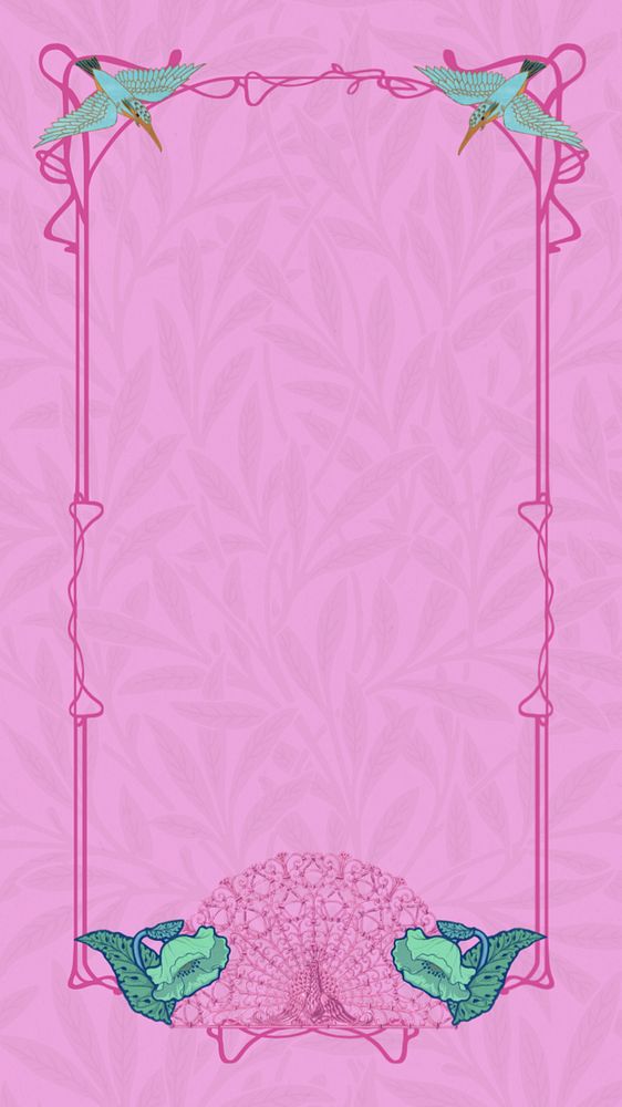 Pink ornament frame mobile wallpaper, editable leafy patterned background, remixed by rawpixel