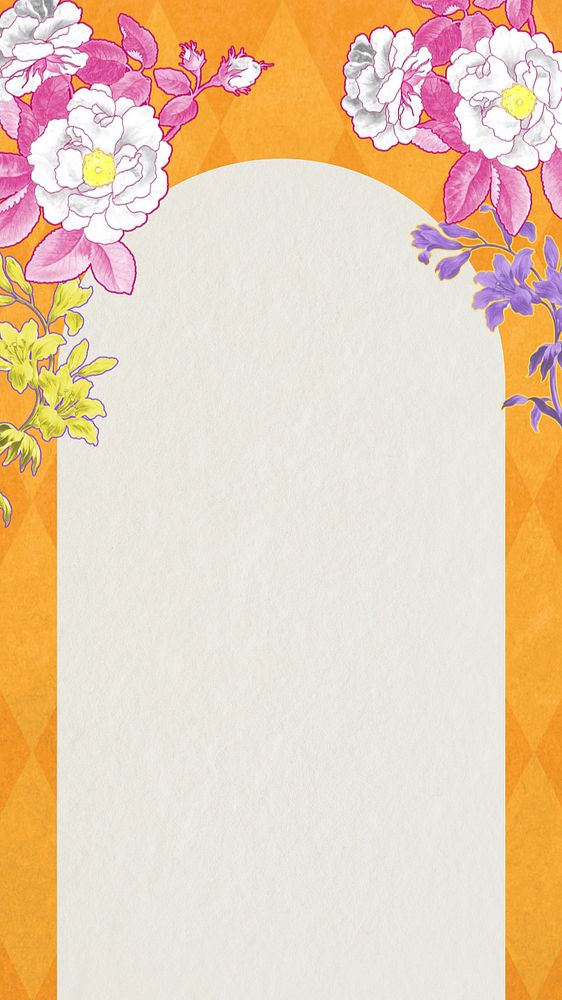 Orange floral frame phone wallpaper, editable vintage botanical illustration, remixed by rawpixel