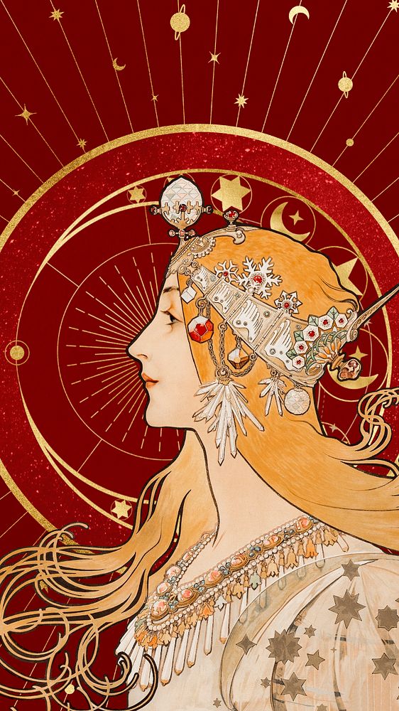 Alphonse Mucha's Zodiac iPhone wallpaper, editable vintage woman background, remixed by rawpixel