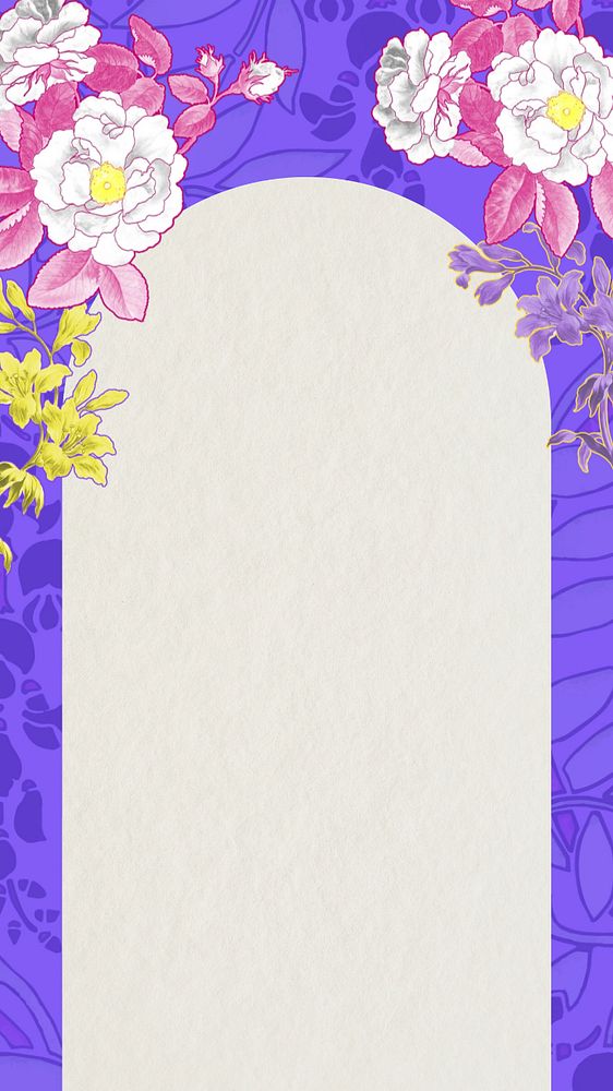 Purple floral frame phone wallpaper, editable vintage botanical illustration, remixed by rawpixel