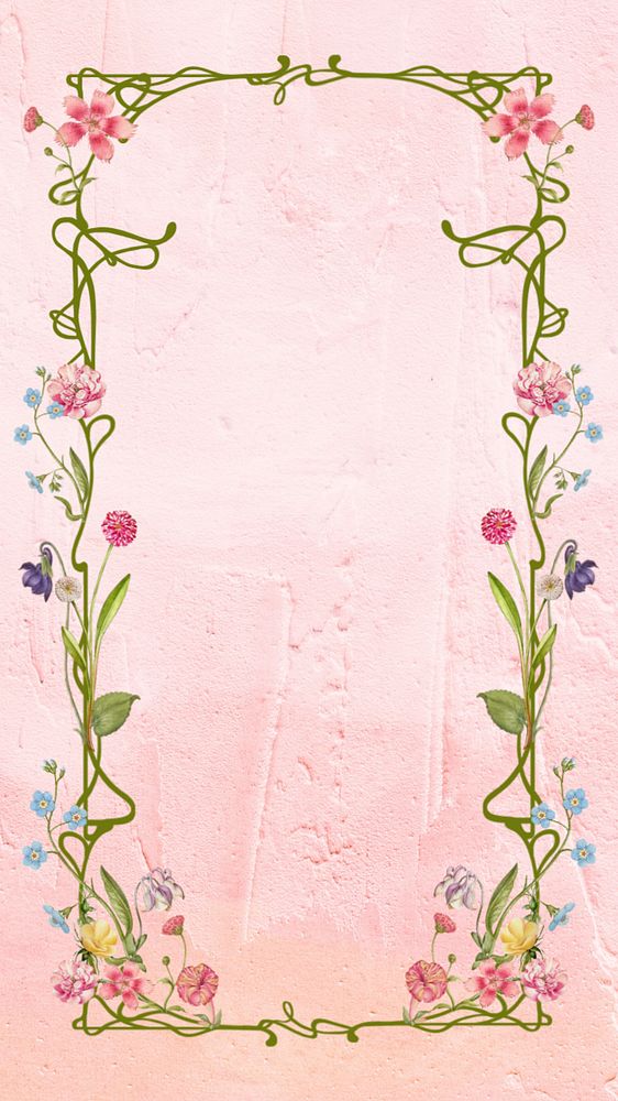 Pink floral frame iPhone wallpaper, editable rose drawing illustration, remixed by rawpixel