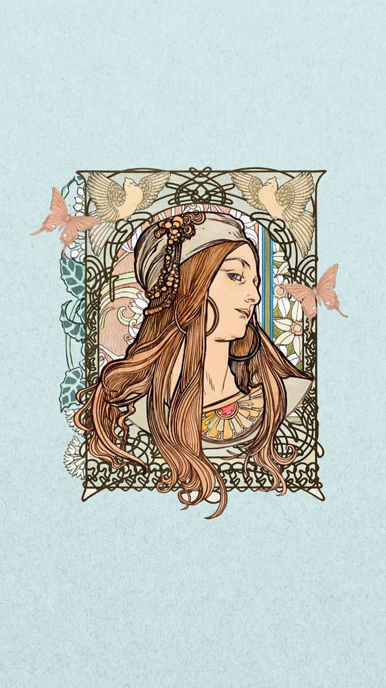 Art nouveau lady mobile wallpaper, Alphonse Mucha's vintage artwork, remixed by rawpixel, editable design