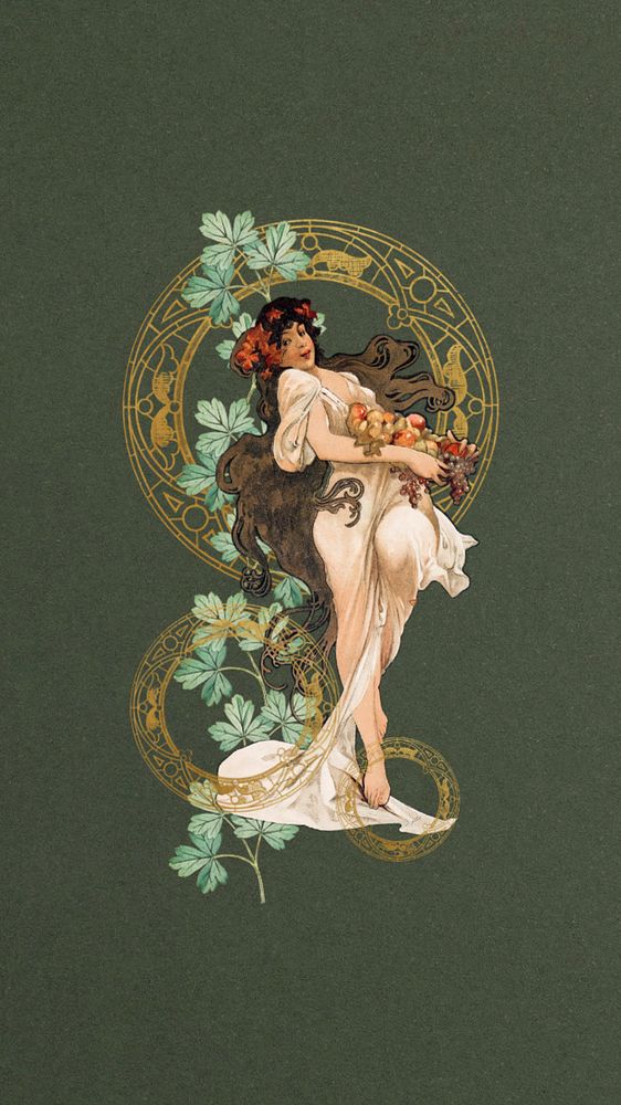 Vintage floral woman phone wallpaper, remixed from the artwork of Alphonse Mucha, editable design