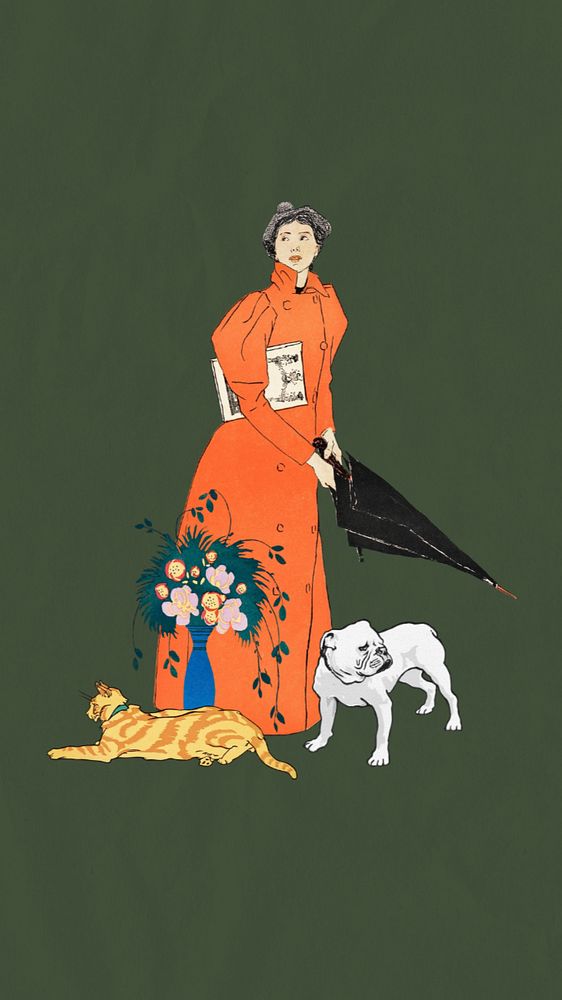 Woman holding umbrella iPhone wallpaper, Edward Penfield-inspired vintage artwork, remixed by rawpixel, editable design