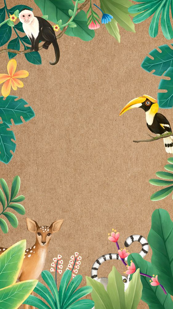 Wild animals iPhone wallpaper, green leaves frame