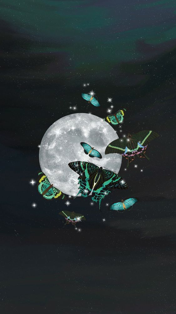 Aesthetic full moon iPhone wallpaper, editable butterflies sky, remixed from the artwork of E.A. Séguy