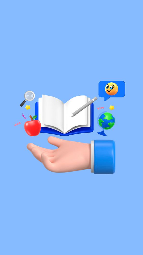 3D education phone wallpaper, hand presenting book, editable design