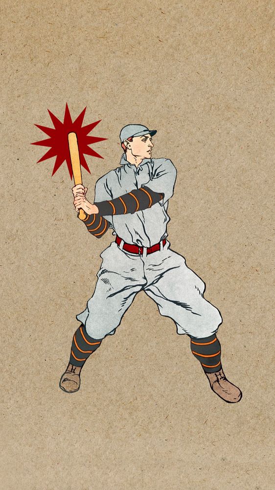 Baseball player drawing iPhone wallpaper, editable Art Nouveau character element