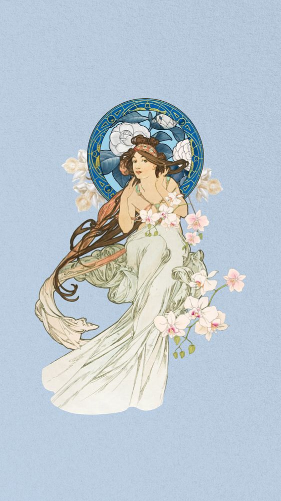 Vintage flower goddess mobile wallpaper, art nouveau background, remixed from the artwork of Alphonse Mucha, editable design