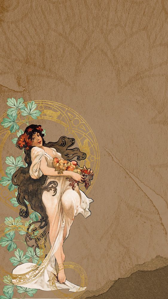 Vintage floral woman phone wallpaper, remixed from the artwork of Alphonse Mucha, editable design