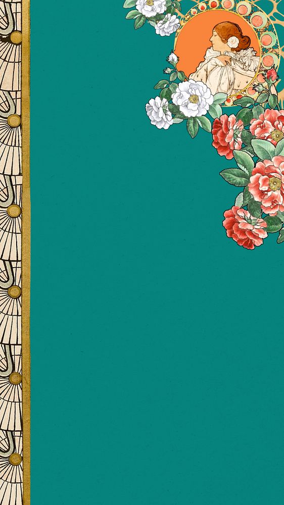 Vintage floral woman phone wallpaper, remixed from the artwork of Alphonse Mucha, editable design