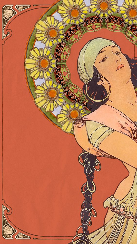 Alphonse Mucha's Salomé mobile wallpaper, vintage woman aesthetic background, remixed by rawpixel, editable design