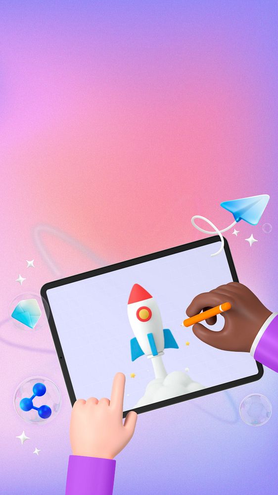 Business launch iPhone wallpaper, 3D hand drawing rocket illustration, editable design