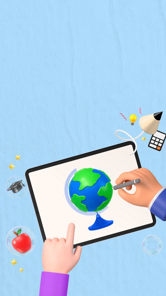 3D education iPhone wallpaper, hand drawing globe illustration, editable design