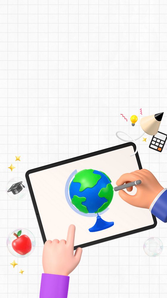 3D education iPhone wallpaper, hand drawing globe illustration, editable design