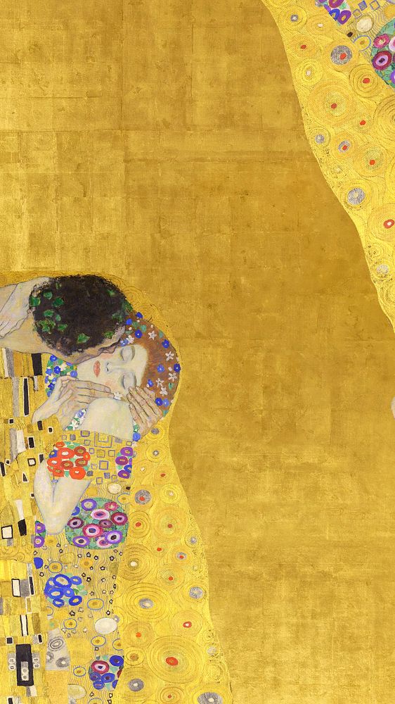 Klimt's The Kiss iPhone wallpaper, vintage yellow background, remixed by rawpixel, editable design