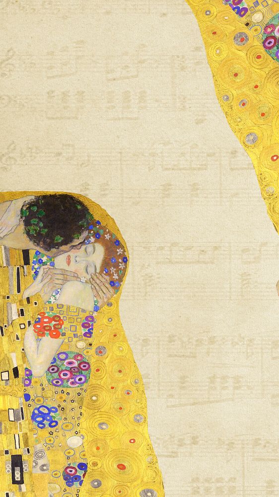 Klimt's The Kiss iPhone wallpaper, vintage yellow background, remixed by rawpixel, editable design