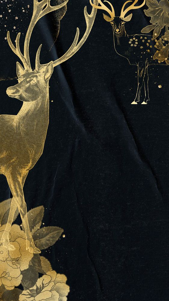 Aesthetic editable iPhone wallpaper, gold deer border on black background, remixed by rawpixel