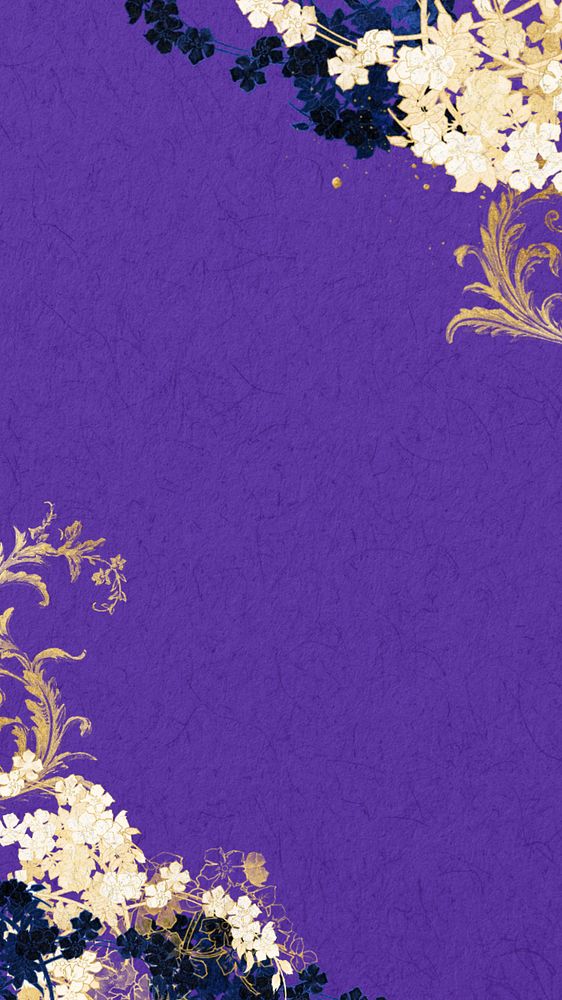 Editable purple iPhone wallpaper, gold flower border, remixed by rawpixel