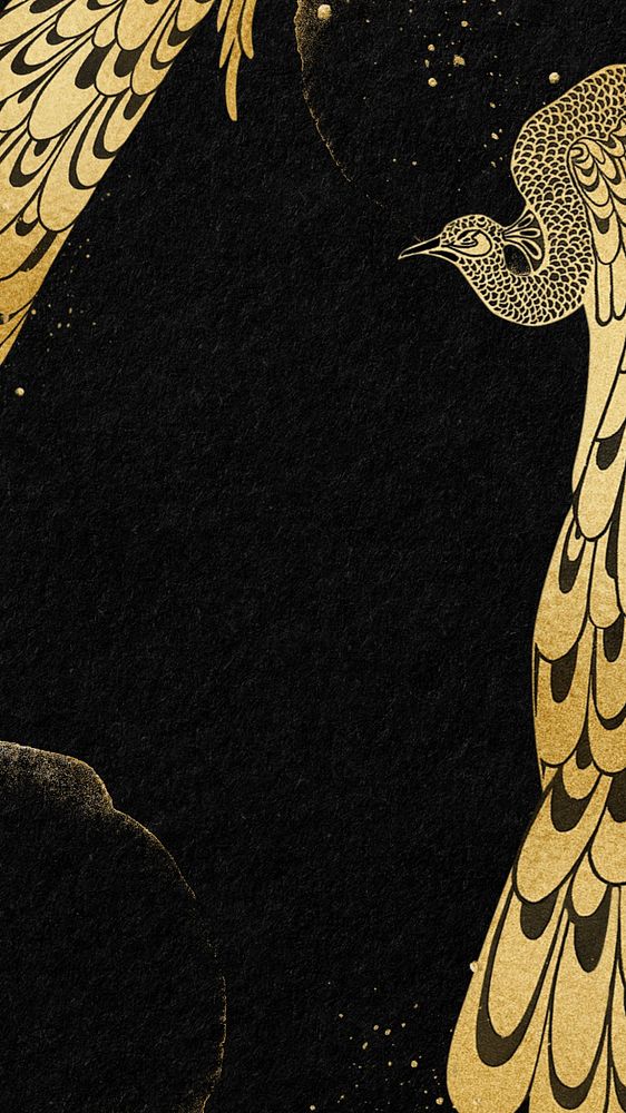 Aesthetic peacock iPhone wallpaper, editable black and gold design, remixed by rawpixel