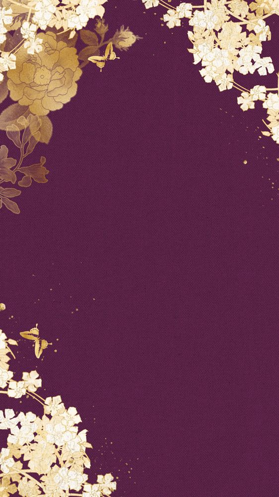 Purple iPhone wallpaper, editable gold flower border, remixed by rawpixel