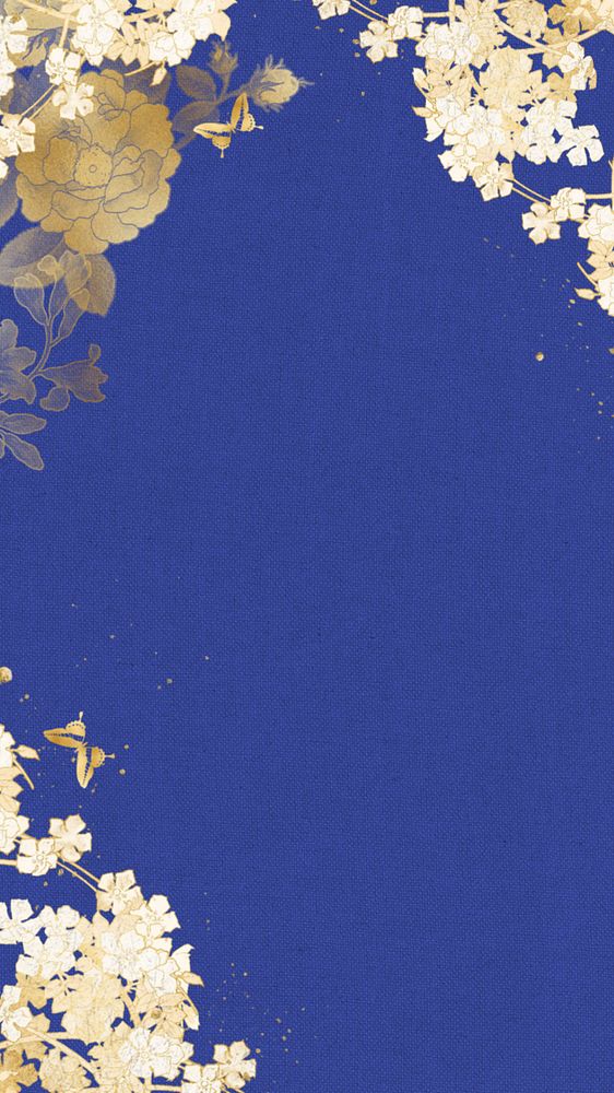 Editable blue iPhone wallpaper, gold flower border, remixed by rawpixel