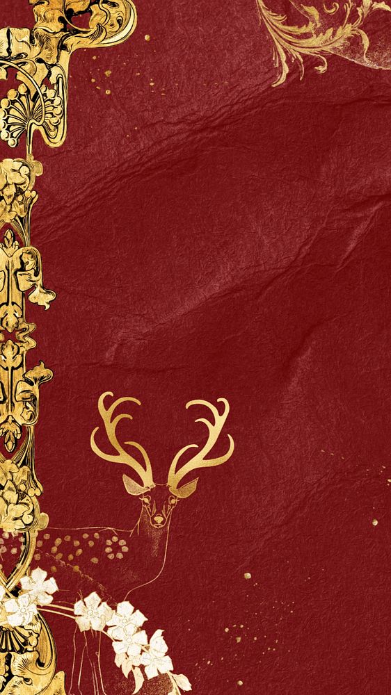 Aesthetic Christmas iPhone wallpaper, editable gold deer on red background, remixed by rawpixel