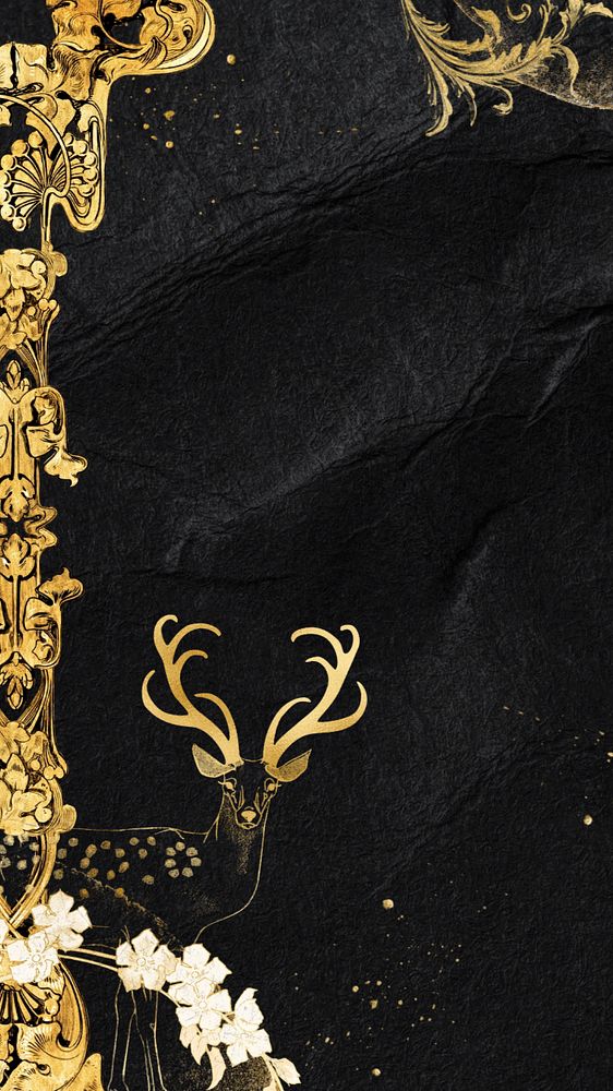 Editable gold stag iPhone wallpaper, aesthetic black background, remixed by rawpixel