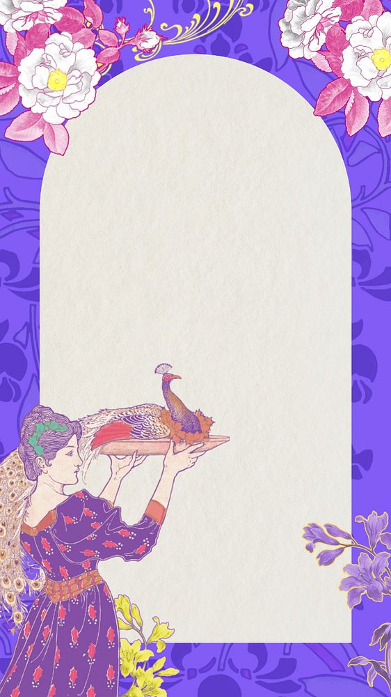 Woman carrying peacock phone wallpaper, editable vintage arch frame, remixed from the artwork of Louis Rhead